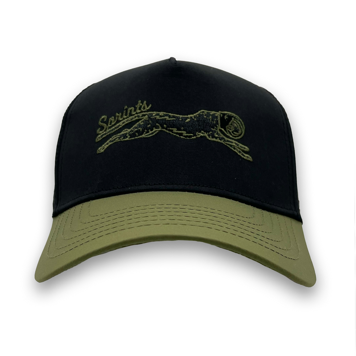 Army Trucker Structured VP hat, black with olive green accents - front view
