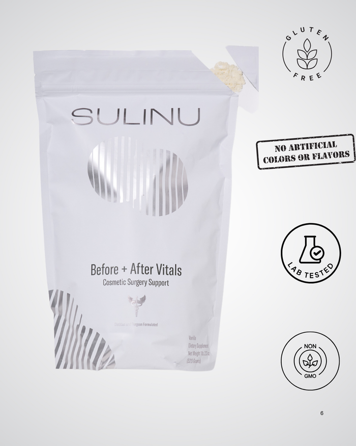 A white pouch labeled Before + After Vitals - NutriSurgical Vitamin Powder stands upright. Icons show it's gluten-free, lab tested, non-GMO, and free of artificial colors or flavors—ideal for incision healing before and after surgery.