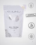 A white pouch labeled Before + After Vitals - NutriSurgical Vitamin Powder stands upright. Icons show it's gluten-free, lab tested, non-GMO, and free of artificial colors or flavors—ideal for incision healing before and after surgery.