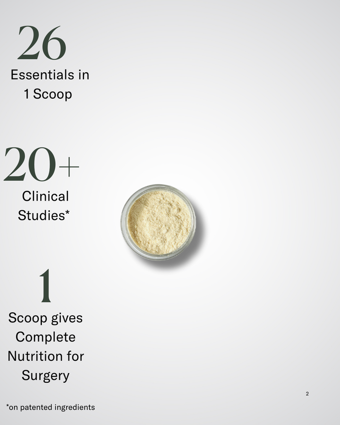 A small container of Before + After Vitals - NutriSurgical Vitamin Powder is centered on a white background, showcasing 26 Essentials in 1 Scoop, backed by 20+ clinical studies*, for complete nutrition and wound-healing vitamins for surgery.