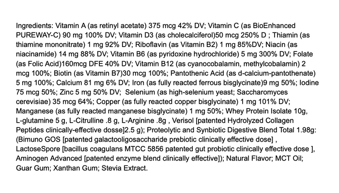 Black text on a white background lists the nutritional ingredients and amounts in Before + After Vitals - NutriSurgical Vitamin Powder, including wound-healing vitamins, minerals, proteins, fibers, and natural flavors in sentence format without bullet points.