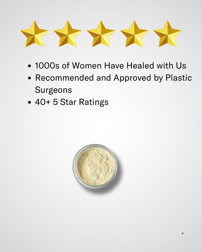 Five gold stars shine above glowing reviews of Before + After Vitals - NutriSurgical Vitamin Powder, with a small container of the light-colored supplement powder centered below the text on a light background.