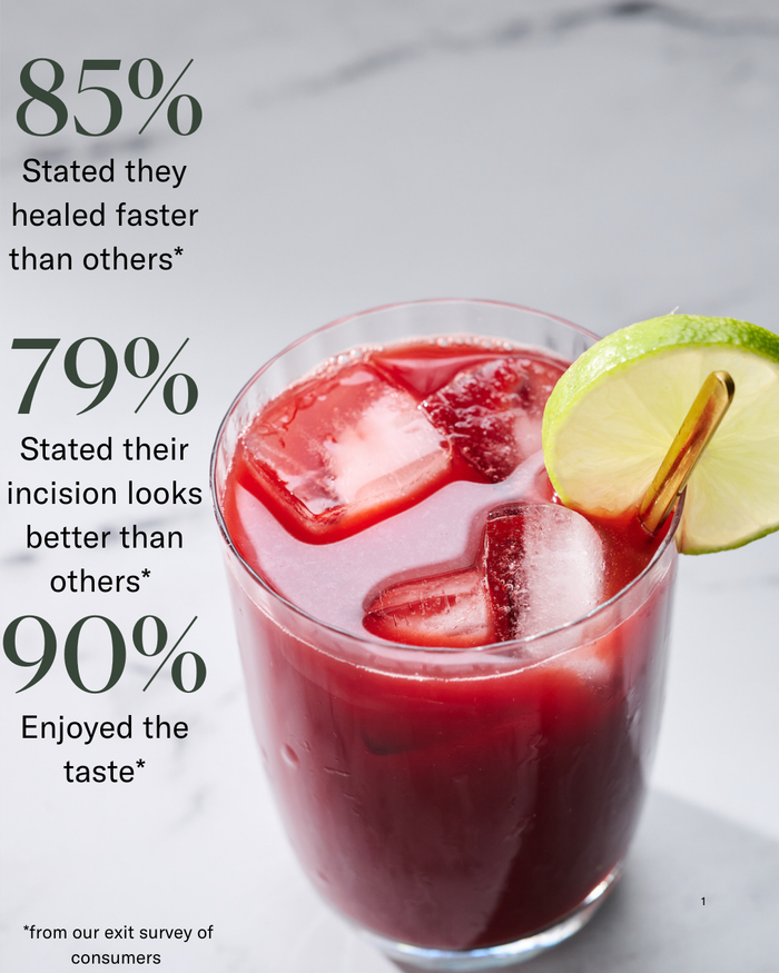A glass of reddish-purple Before + After Vitals - NutriSurgical Vitamin Powder juice with ice and lime sits on marble, with text showing consumer survey results on incision healing, appearance, and taste satisfaction.