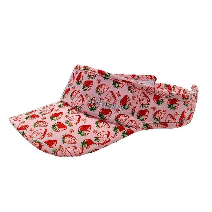 Berry Fast Strawberry Visor in soft pink with strawberry print, side view
