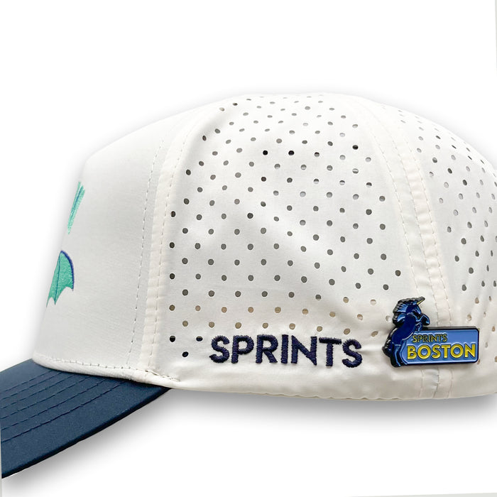 Boston Enamel Pin attached to a hat brim