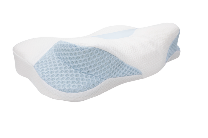 The Cervical Head Pillow with Bamboo Cover features contoured ergonomic memory foam, a textured light blue mesh section, and a white bamboo cover, designed for neck and head support, shown on a plain white background.