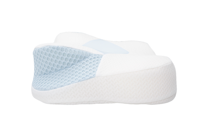 The Cervical Head Pillow with Bamboo Cover is a white and light blue orthopedic memory foam pillow featuring a textured, breathable mesh side panel, shown on a white background.