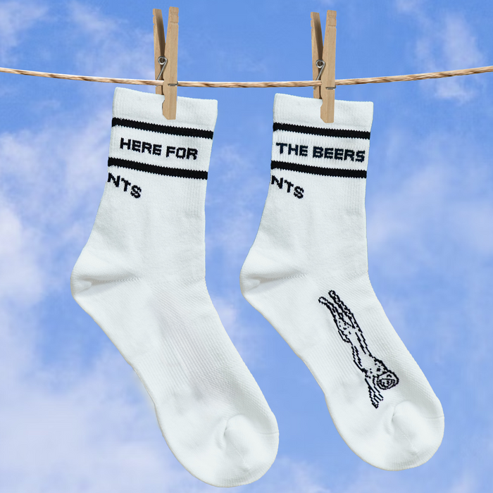 Close-up of the Here for the Beers Run Club print on the Core Zero Socks