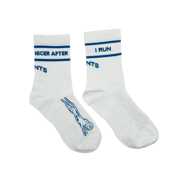 Core Zero Socks in I'm Nicer After I Run Run Club print, close-up