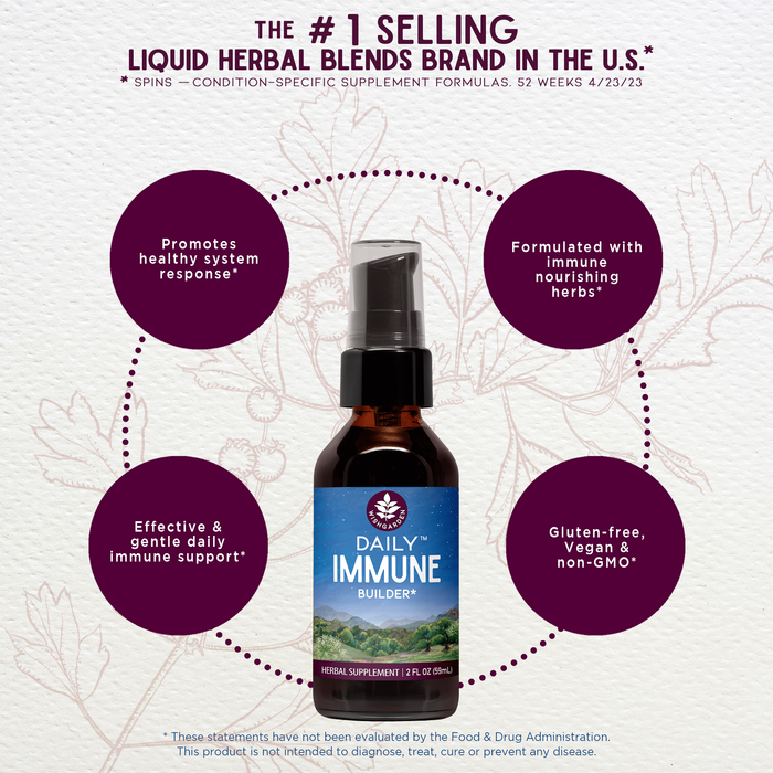 A brown glass bottle labeled Daily Immune Builder sits on a light background with leaf designs. Four text bubbles highlight daily immune support, healthy system response, nourishing elderberry herbs, and gluten-free/vegan/non-GMO.