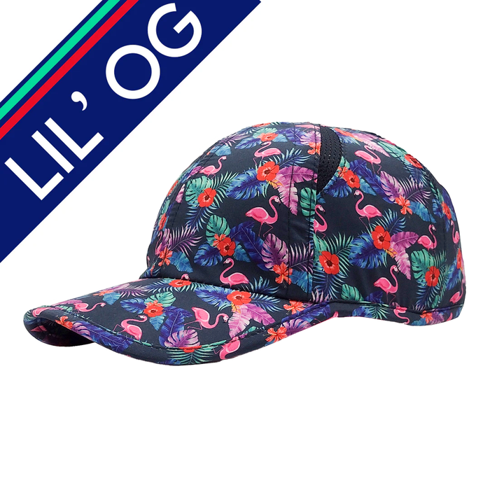 Flamingo Lil OG Hat for kids, deep blue with flamingo print - side view