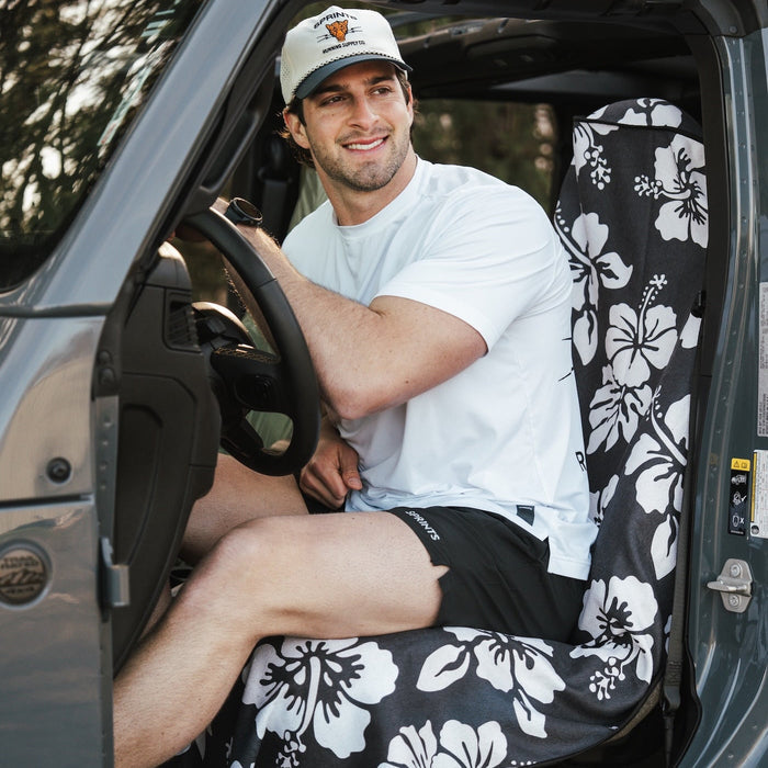 Flex on the Beach Black Car Seat Cover Towel installed in a vehicle