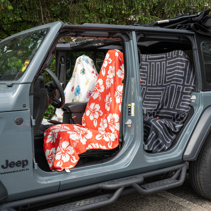 Flex on the Beach Fire Car Seat Cover Towel installed on a jeep seat