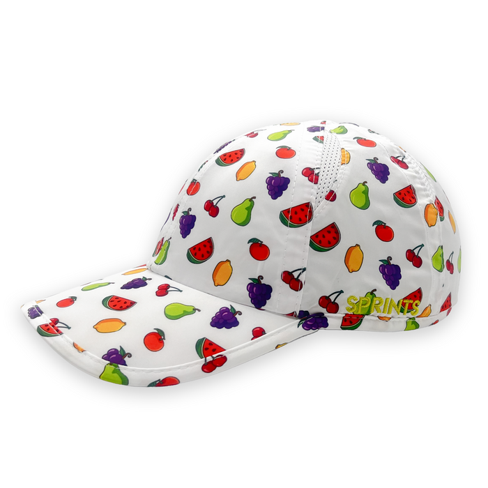 Fruit Salad OG Hat with colorful fruit print on white background, front view