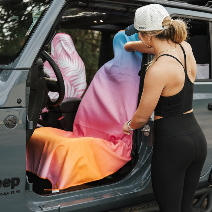 Golden Glow Car Seat Cover Towel installed in a vehicle