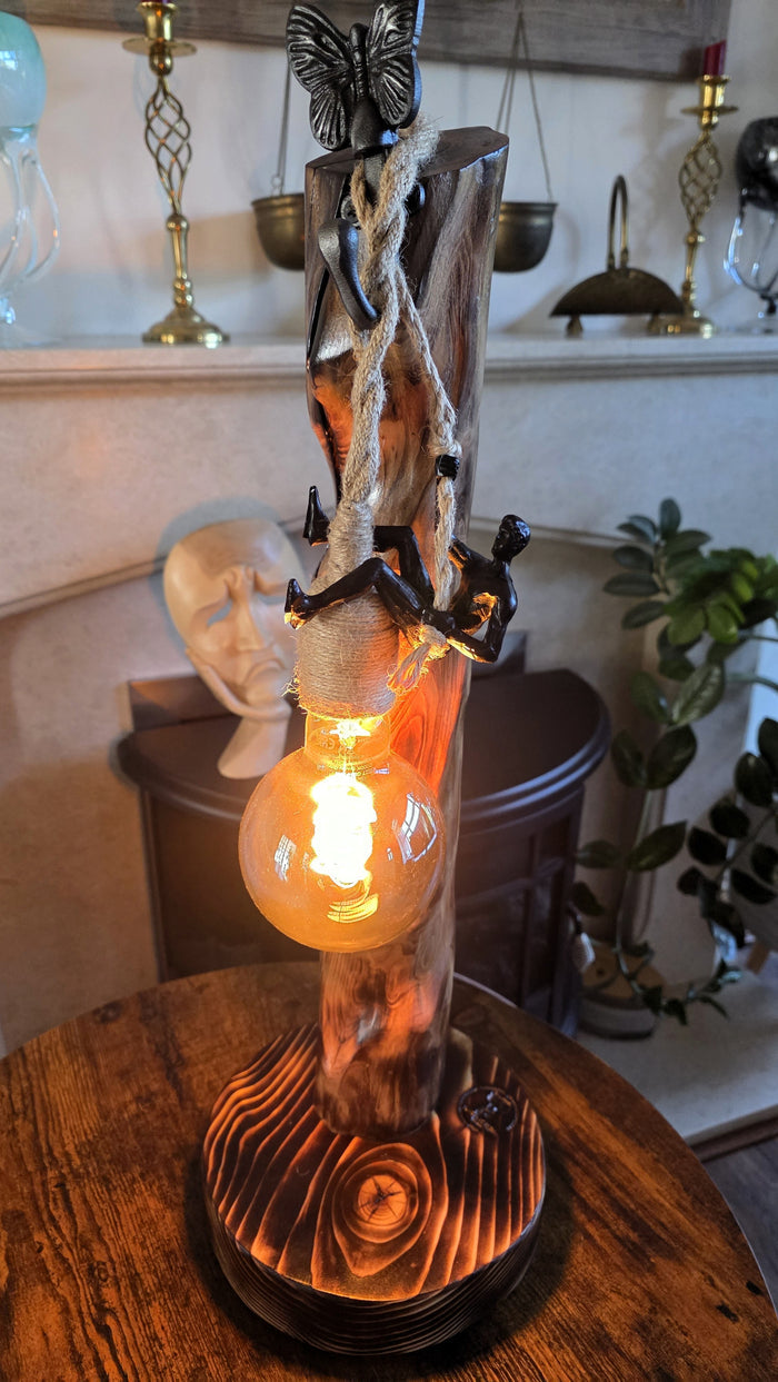 Handcrafted Apple Wood Climbing Lamp with Butterfly | Rustic Edison Table Light