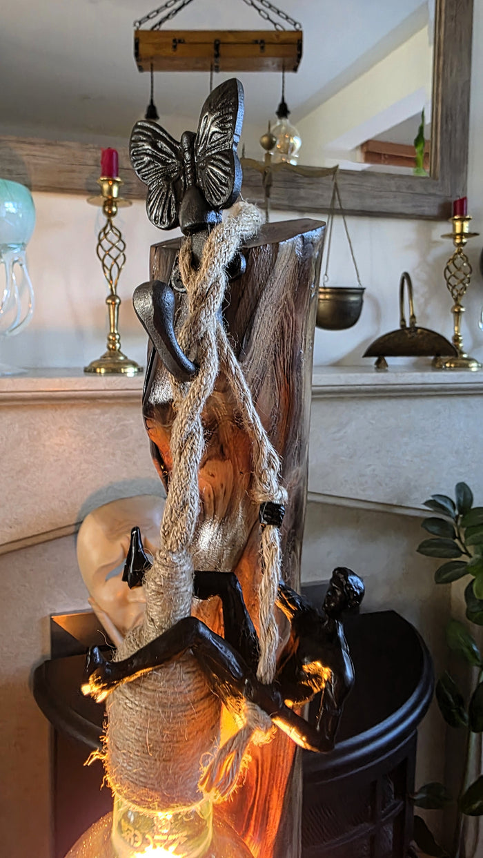 Handcrafted Apple Wood Climbing Lamp with Butterfly | Rustic Edison Table Light