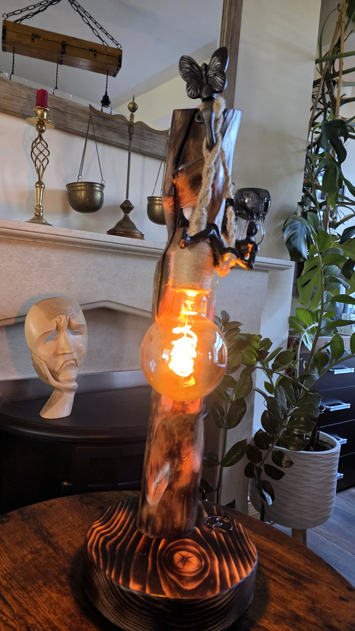 Handcrafted Apple Wood Climbing Lamp with Butterfly | Rustic Edison Table Light