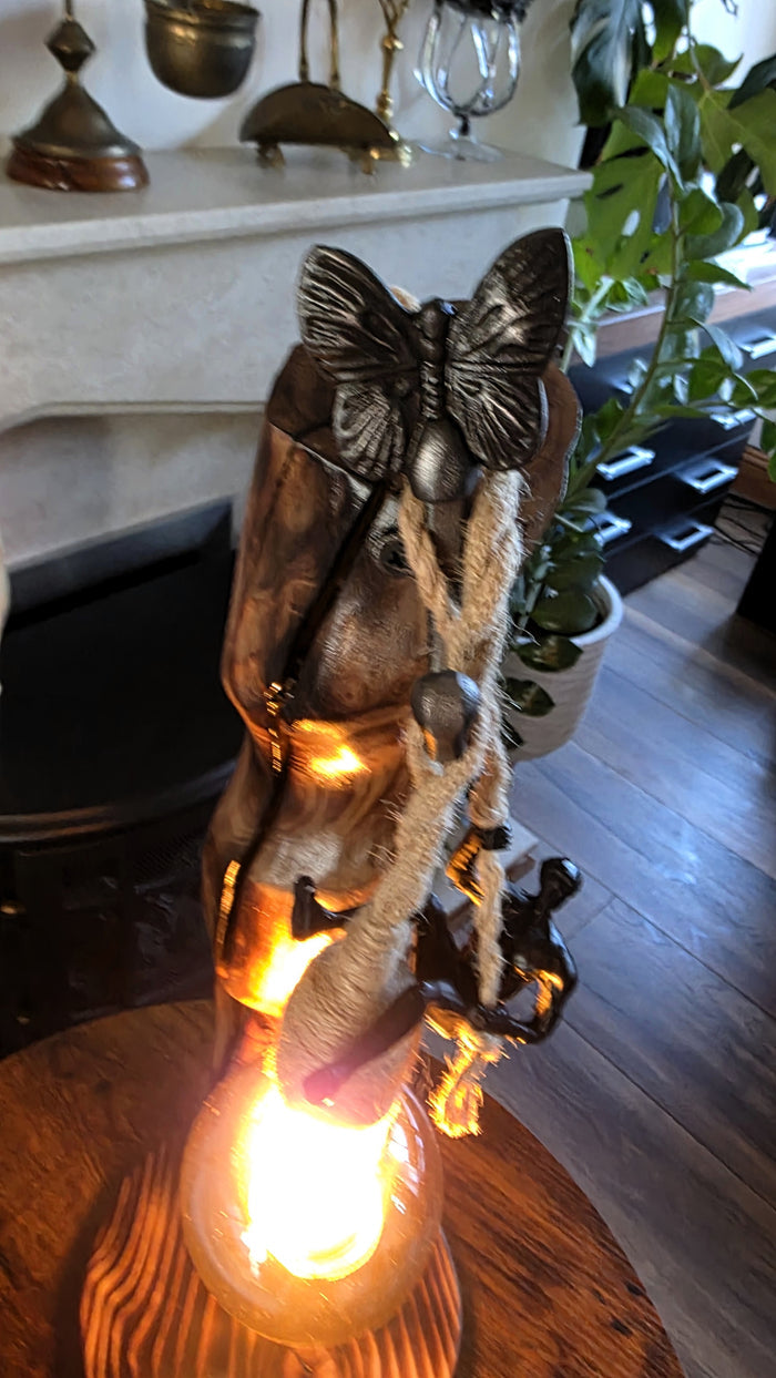 Handcrafted Apple Wood Climbing Lamp with Butterfly | Rustic Edison Table Light