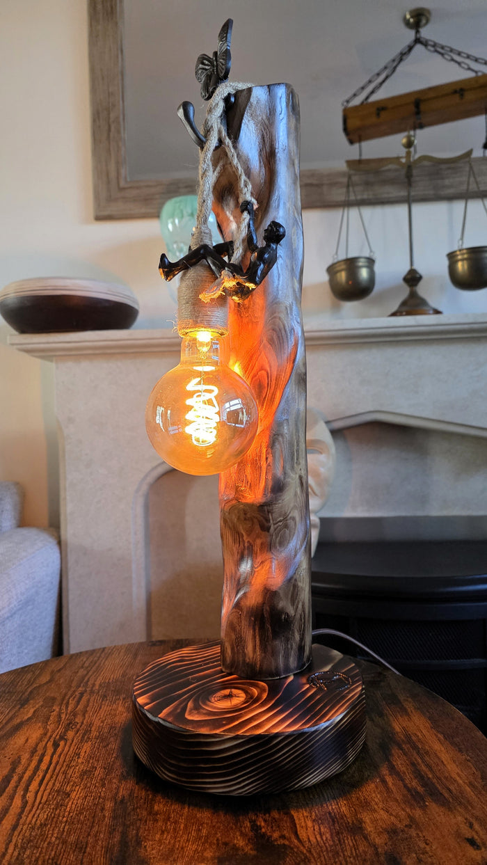 Handcrafted Apple Wood Climbing Lamp with Butterfly | Rustic Edison Table Light