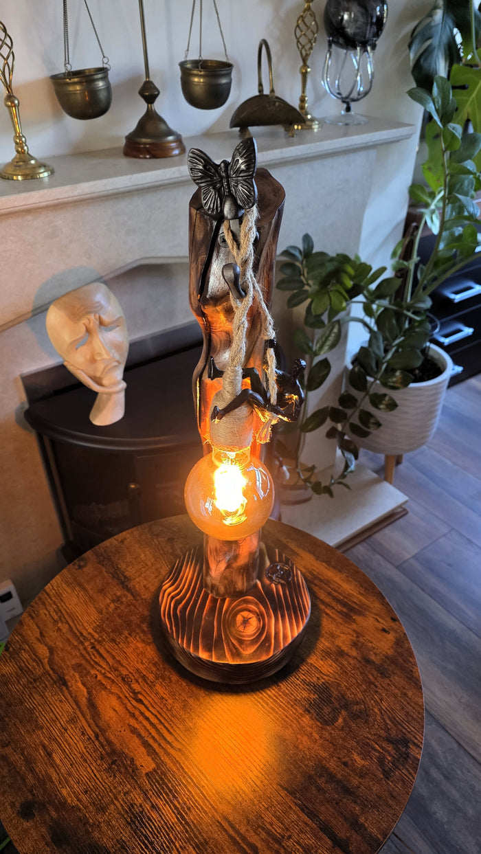 Handcrafted Apple Wood Climbing Lamp with Butterfly | Rustic Edison Table Light
