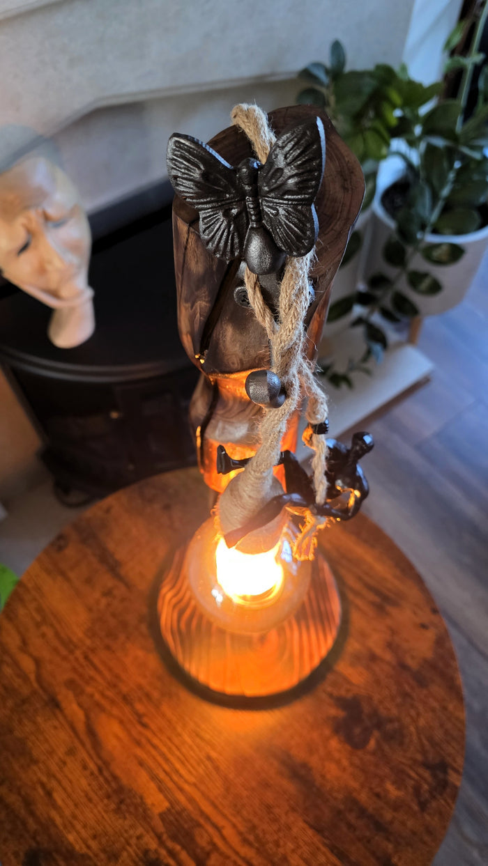 Handcrafted Apple Wood Climbing Lamp with Butterfly | Rustic Edison Table Light