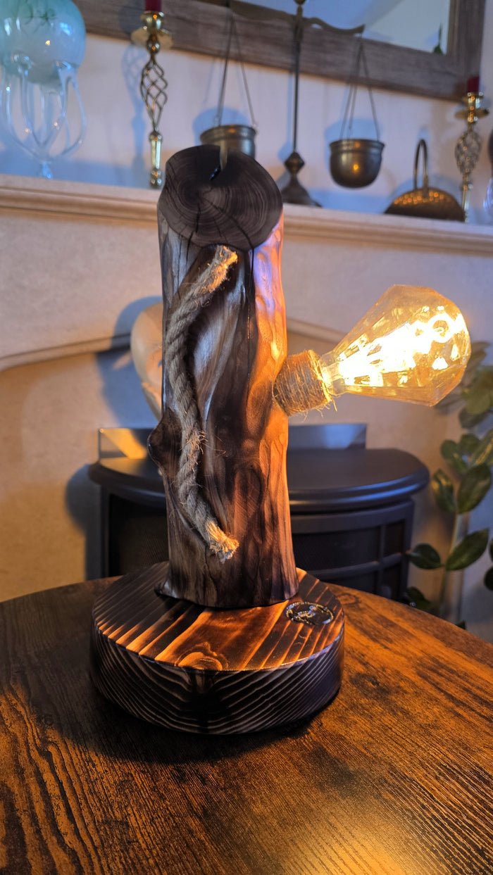 Handcrafted Apple Wood Table Lamp with Diamond Edison Bulb | Rustic Wooden Light