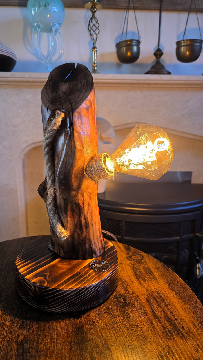 Handcrafted Apple Wood Table Lamp with Diamond Edison Bulb | Rustic Wooden Light