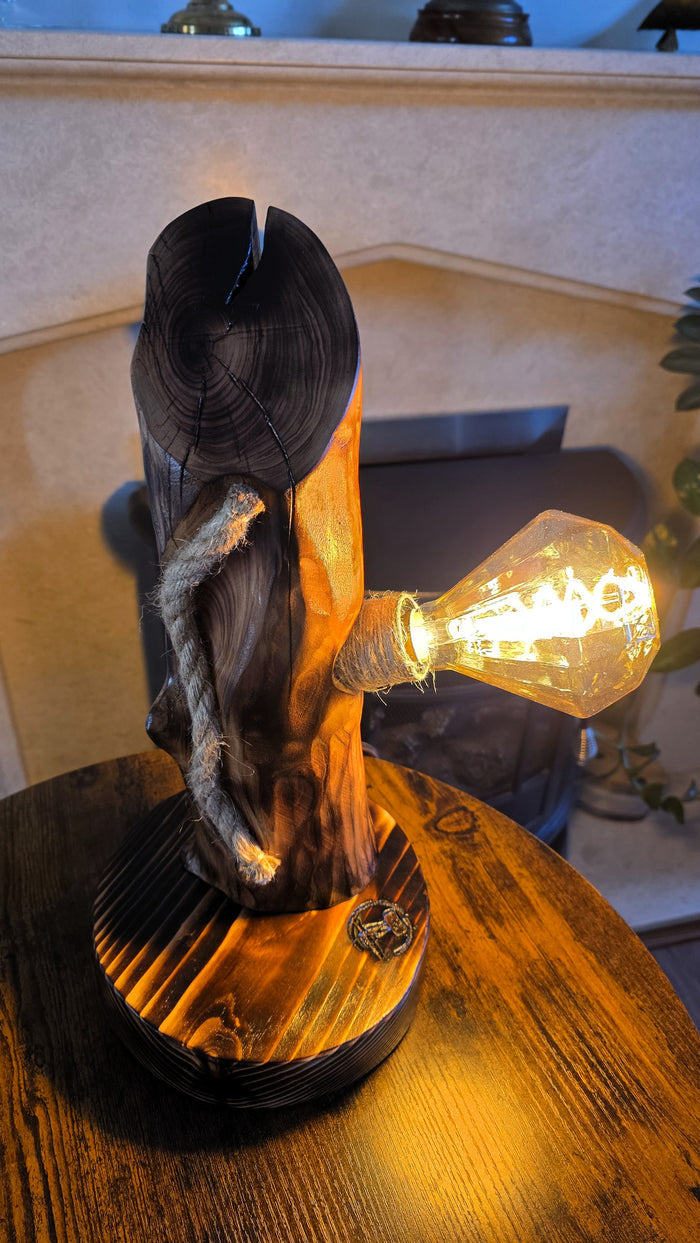Handcrafted Apple Wood Table Lamp with Diamond Edison Bulb | Rustic Wooden Light