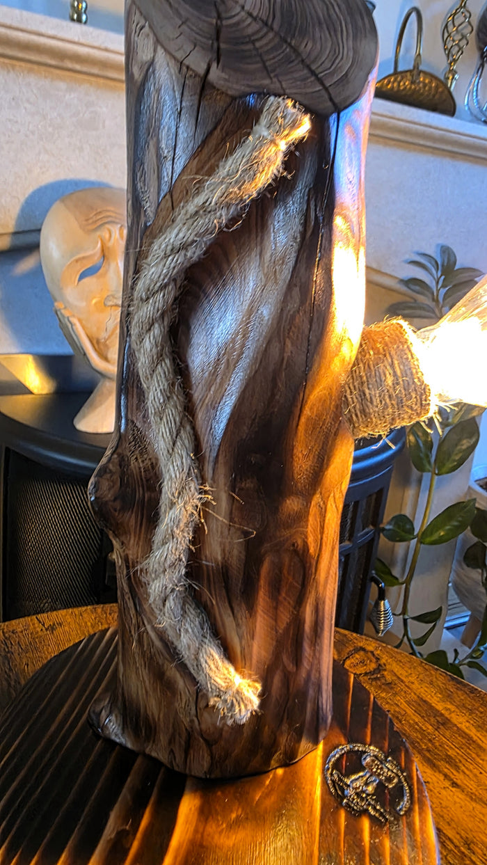 Handcrafted Apple Wood Table Lamp with Diamond Edison Bulb | Rustic Wooden Light