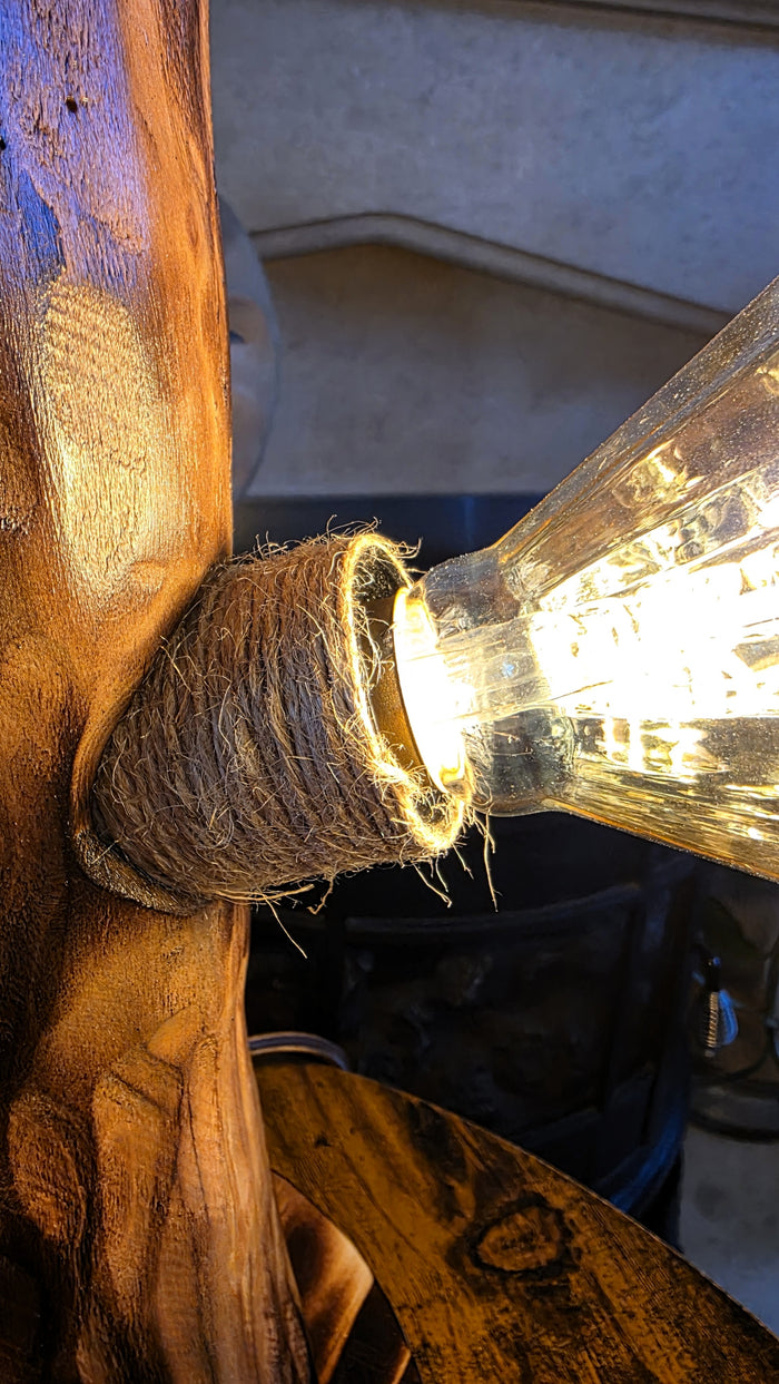 Handcrafted Apple Wood Table Lamp with Diamond Edison Bulb | Rustic Wooden Light