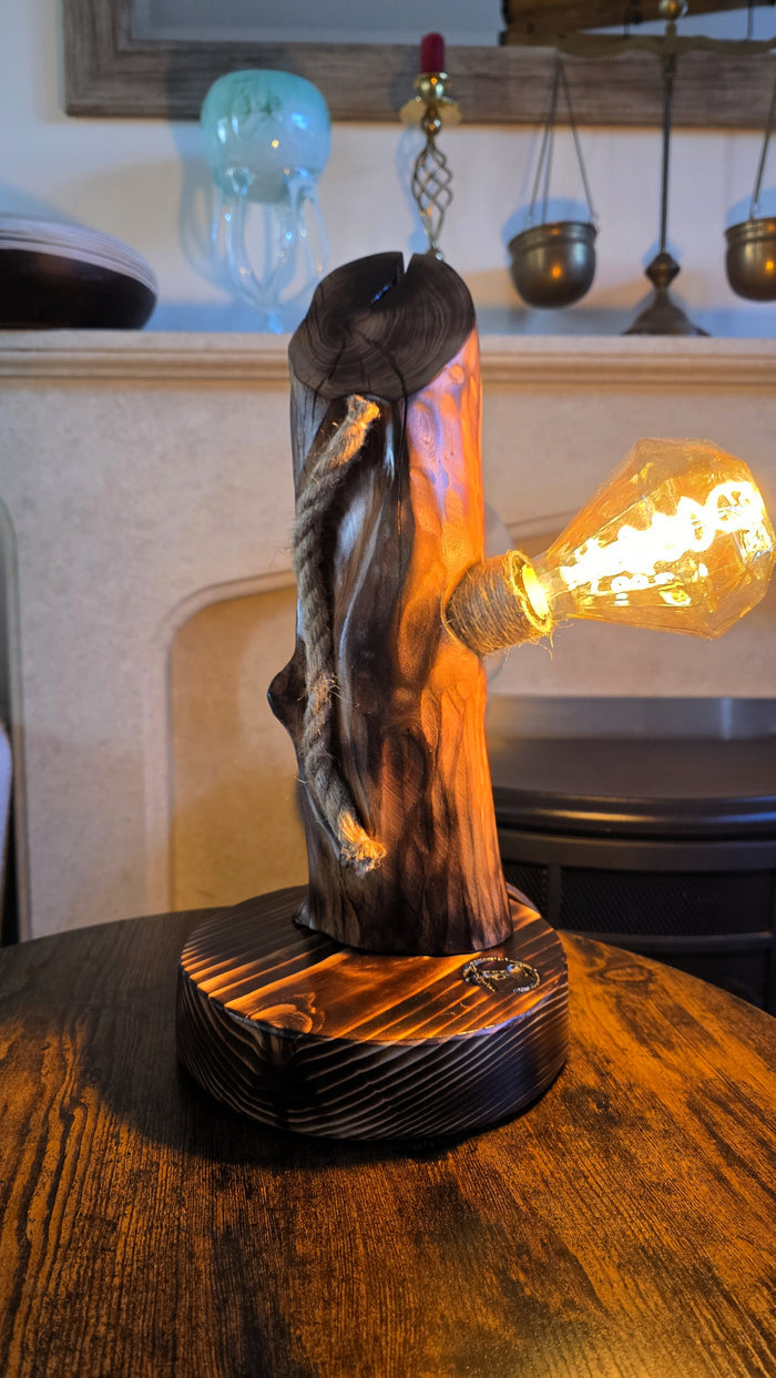Handcrafted Apple Wood Table Lamp with Diamond Edison Bulb | Rustic Wooden Light