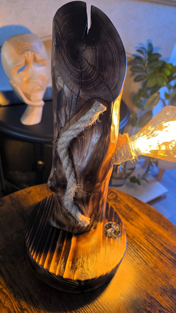 Handcrafted Apple Wood Table Lamp with Diamond Edison Bulb | Rustic Wooden Light