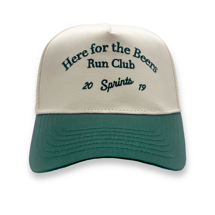 Here for the Beers Run Club Green Label Structured VP Hat, cream and green colorway