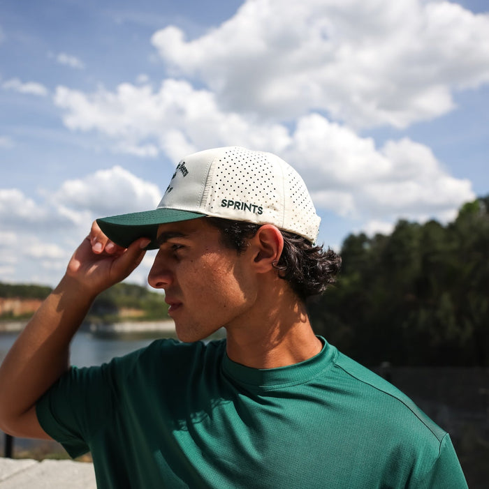 Man wearing the Here for the Beers Run Club Green Label Structured VP Hat - side view