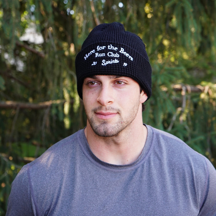 Person wearing the Here for the Beers Run Club Winter Hat