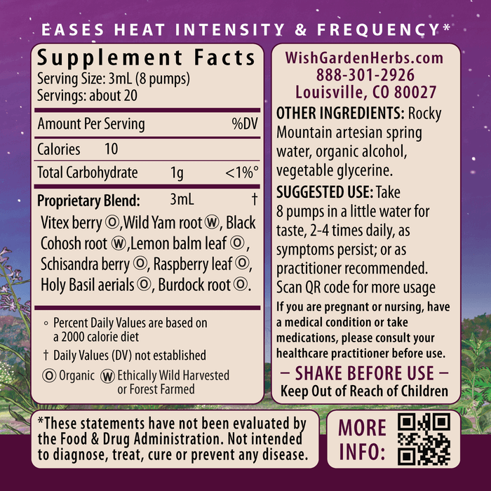 Supplement facts label for Hot Flash Tamer, Daily Regulator by WishGarden Herbs. Includes ingredients, serving size, suggested use, menopause caution, QR code, contact info, an FDA disclaimer, and features a pink and purple design.