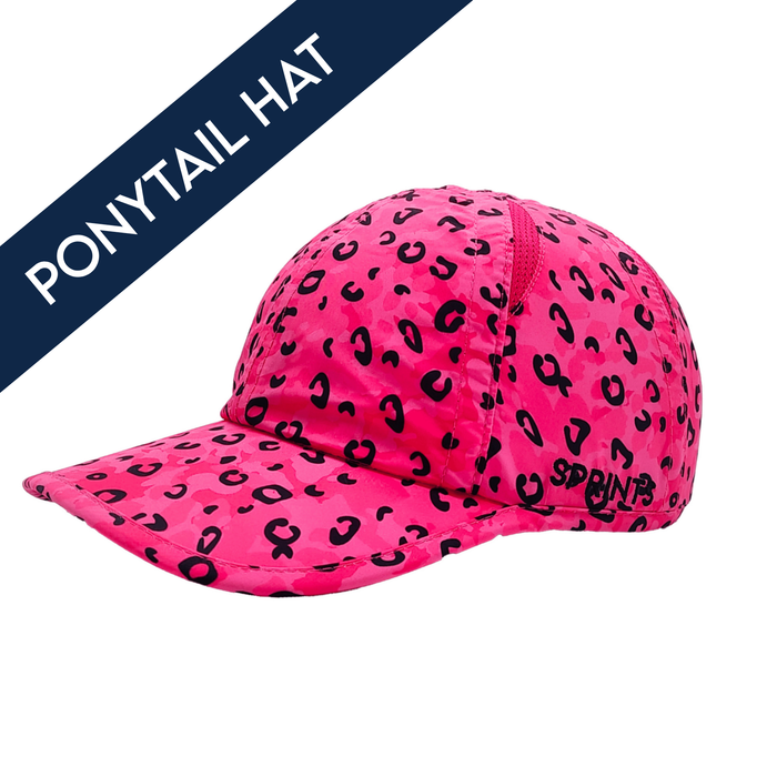 Jag Camo Fuchsia Ponytail Hat, neon pink jaguar camo print - front view
