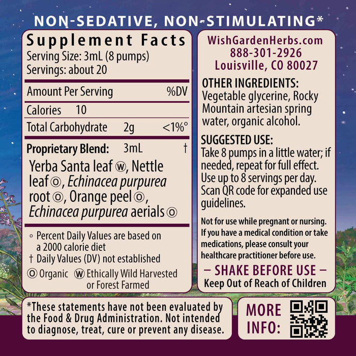 Kick-Ass Allergy, Seasonal Rescue supplement facts label lists yerba santa, nettle leaf, echinacea root and purpurea root, orange peel. Includes usage instructions and safety warnings for herbal allergy support.