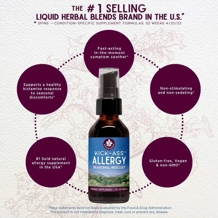 A bottle of Kick-Ass Allergy, Seasonal Rescue herbal tincture sits on a light background, encircled by text emphasizing fast-acting, non-drowsy, natural allergy relief and gluten-free benefits.