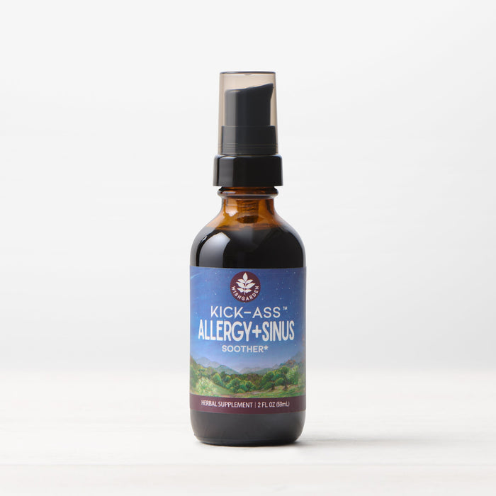 A brown glass bottle labeled "Kick-Ass Allergy & Sinus, Soother Herbal Supplement 2 fl oz (59 mL)" with a pump dispenser, providing fast-acting allergy and sinus relief, is shown against a plain white background.