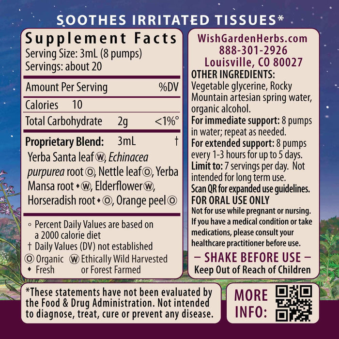 Kick-Ass Allergy & Sinus, Soother supplement facts label highlights yarrow, echinacea, and elderflower for allergy and sinus support. Features serving size, dosage, warnings, and company contact info on a colorful background.