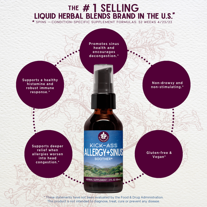A bottle of Kick-Ass Allergy & Sinus, Soother sits center, surrounded by bubbles highlighting fast-acting allergy and sinus support, congestion relief, non-drowsy formula, gluten-free ingredients, and deeper congestion relief.