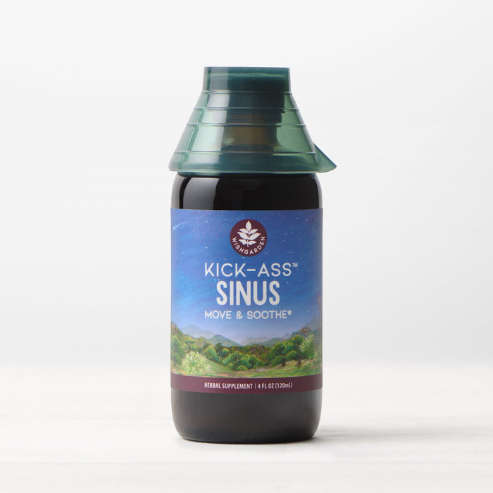 A 4 fl oz (120 ml) bottle of Kick-Ass Sinus, Move & Soothe offers herbal sinus and upper respiratory support; it features a blue label with mountains and greenery and comes with a green plastic dosing cap.