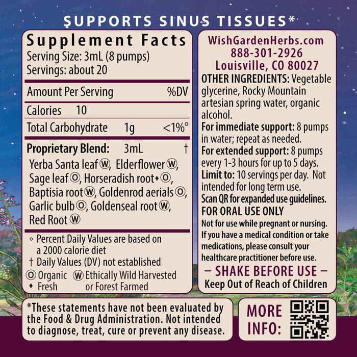 Supplement facts label for WishGarden Herbs’ Kick-Ass Sinus, Move & Soothe: serving size, ingredients, suggested use for upper respiratory support, cautions, company contact info, and FDA disclaimer. Purple and pink gradient stripes in background.