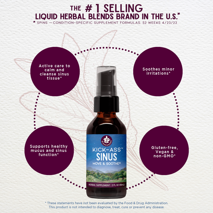 Kick-Ass Sinus, Move & Soothe is centered in the image, with benefits like cleansing sinus tissue, soothing irritations, and upper respiratory support highlighted. The product is also labeled as gluten-free, vegan, and non-GMO.