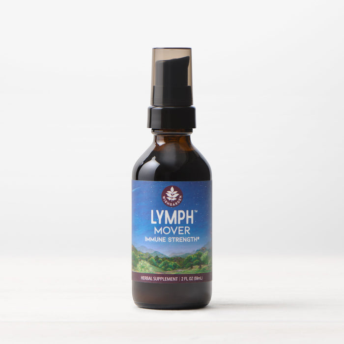 A brown glass spray bottle labeled Lymph Mover, Immune Strength for lymphatic support features a blue and green nature-themed label and stands on a white surface against a plain light background.