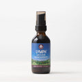 A brown glass spray bottle labeled Lymph Mover, Immune Strength for lymphatic support features a blue and green nature-themed label and stands on a white surface against a plain light background.