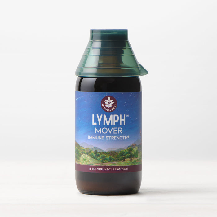 A 4 fl oz (120 ml) bottle of Lymph Mover, Immune Strength herbal supplement with a green cap and blue-purple label showing a landscape and night sky, formulated for immune strength and lymphatic support.