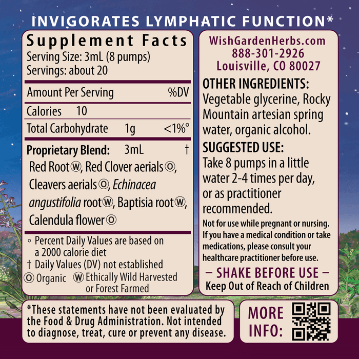 The supplement facts label for Lymph Mover, Immune Strength details ingredients, serving size, suggested use, company info, and disclaimers. It features a purple floral background and bold headings highlighting lymphatic and immune support.